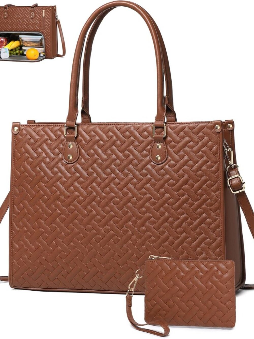 Lunch Tote Bag for Women, Vegan Leather 15.6” Laptop Bag with Insulated Compartm